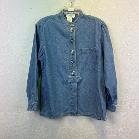 Carry Back Women's 100% Cotton Flower Embroidery Denim Button Down Size 8 Petite - Picture 1 of 7